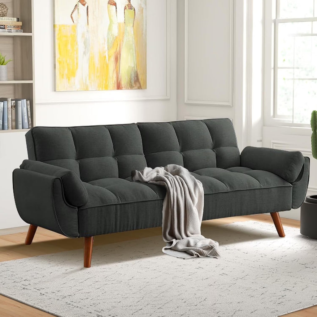 Mydepot Convertible Futon Sofa Bed, Adjustable Couch Sleeper Modern Fabric Recliner Reversible Loveseat Folding Daybed Guest Bed, Armrests, Yellow