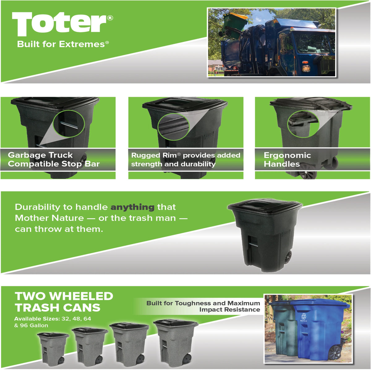 Toter Trash Can Greenstone With Wheels And Lid, 96 Gallon