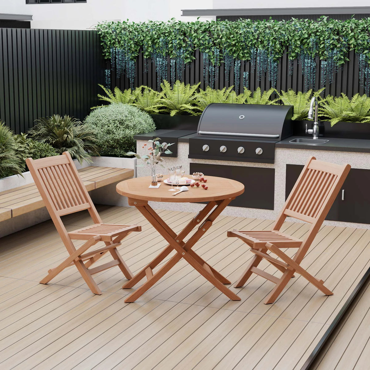 Costway 3pcs Patio Outdoor  Indonesia Teak Wood Bistro Dining Set Folding Chair & Table Slatted