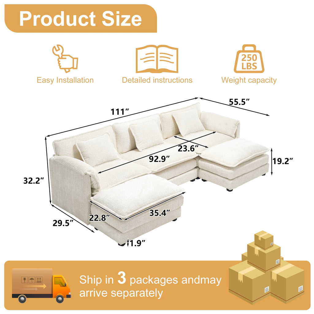 GNIXUU 112" Oversized Sectional Sofa Cloud Couch for Living Room, Modern Chenille L Shaped Couch, Comfy Boucle Modular Sofa Sleeper with Moveable Ottoman & Memory Foam (Green)