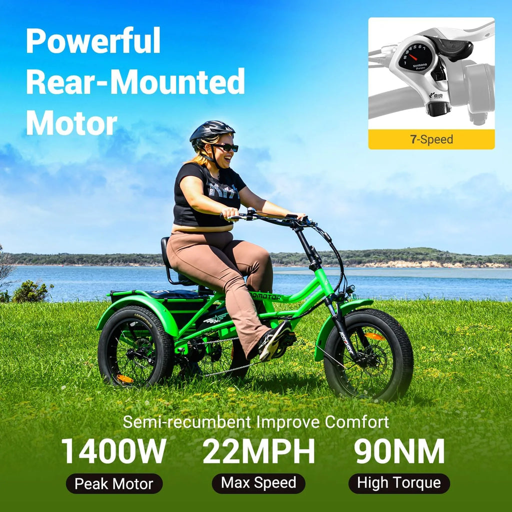 Addmotor M-360II Semi-Recumbent Electric Trike, 85MI, Fat Tire 3 Wheel Electric Bike for Adults, 750W 48V 20Ah Electric Tricycle for Seniors, 20" Electric Trike with Speed Differential, Green