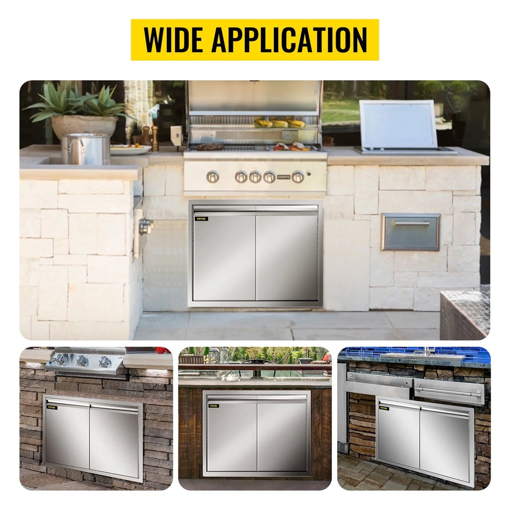 Double Access Door, 30''Wx21''H Outdoor Kitchen Door, Double Wall Stainless Steel Outdoor Cabinets with Hooks, Brushed Steel Access Door BBQ Doors, Easy to Install for BBQ Island Grill Station