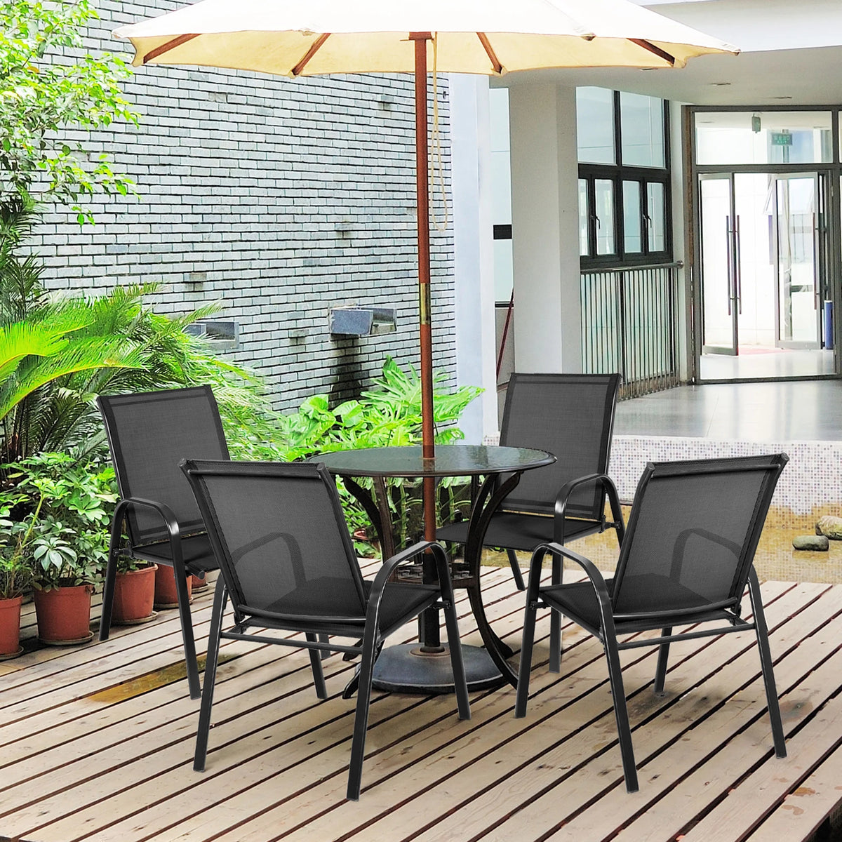 Gymax Set of 4 Patio Chairs Dining Chairs w/ Steel Frame Yard Outdoor Grey