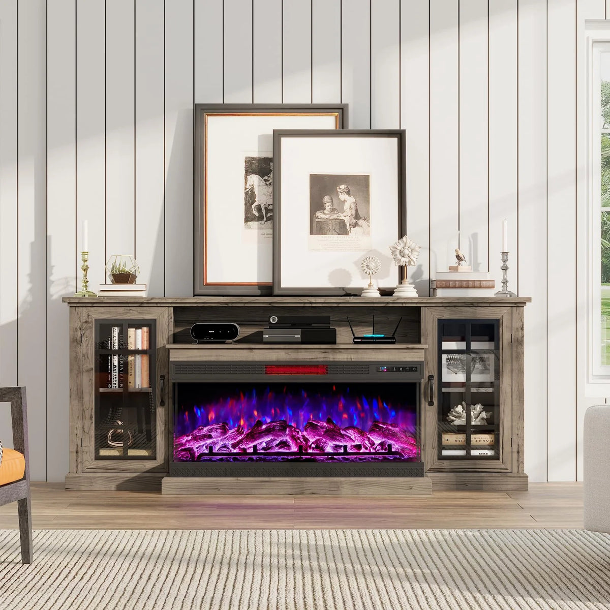 Merluxy 75in 3-Sided Glass Fireplace TV Stand for TVs up to 85", Distressed White