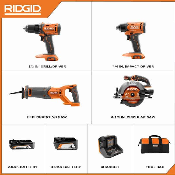 18V Cordless 4-Tool Combo Kit with 4.0 Ah Battery, 2.0 Ah Battery, Charger, Bag and 18V Hybrid LED Light
