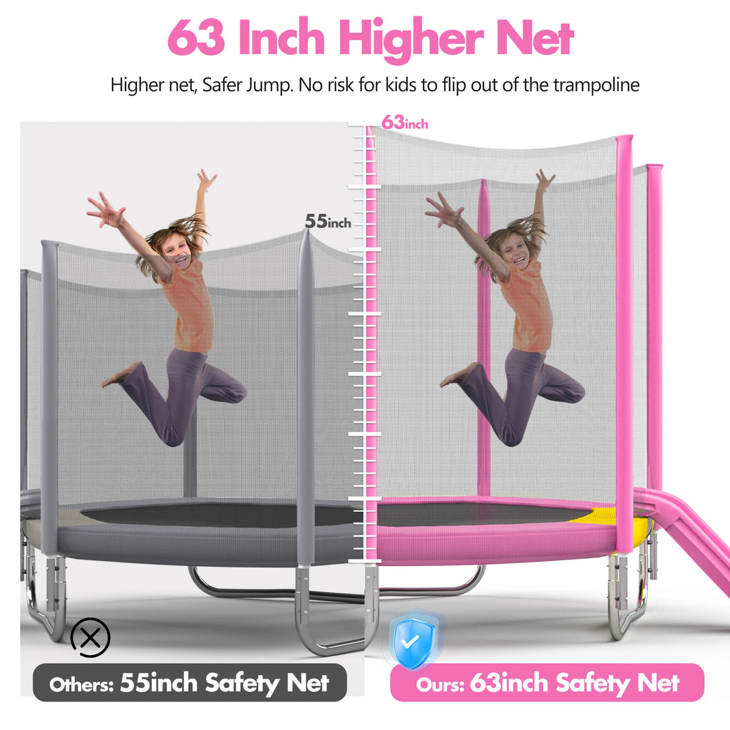 EUROCO 7FT Trampoline with Removable Slide, Kids Indoor Outdoor Trampoline with Enclosure Net and Ladder, Pink
