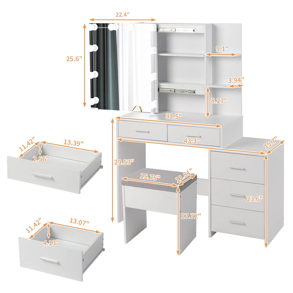 Ktaxon Flutted Makeup Vanity Table Set with 5 Drawer, Dressing Table w/Charging Station, Vanity Desk for Femal Gift, White