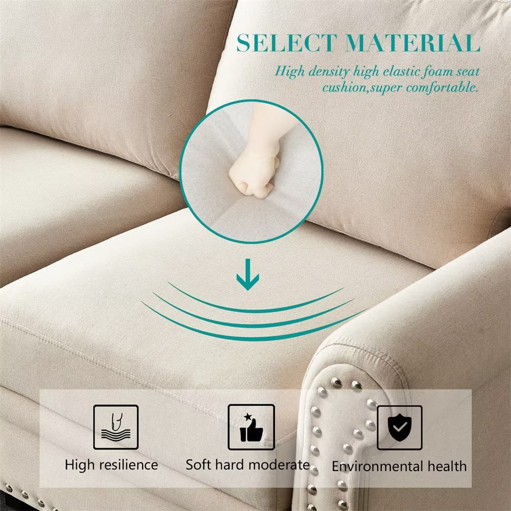 59.5inch Sofa, Modern Upholstered Loveseat with Silver Nailheads, Living Room Couch with Rolled Armrests and Thick Cushion, Beige