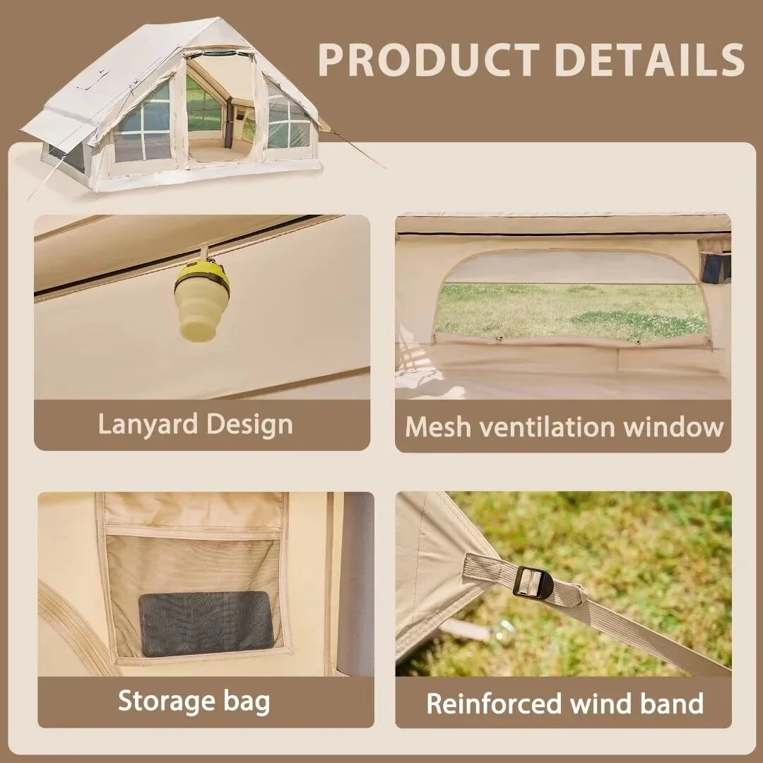NAIZEA Inflatable Tent Air Glamping Tents 6Person Cabin Tent&Mesh&Chimney Window
