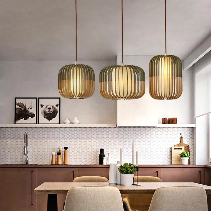 Arturesthome Wood Pendant Lights, Wicker Drum Chandelier Boho Pendant Light Basket Lighting Fixture, Large Natural Woven Hanging Lamp for Kitchen Island Dining Room Entryway
