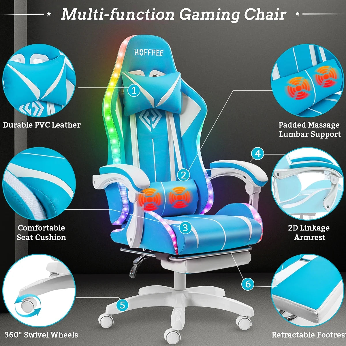 Hoffree Gaming Chair with Bluetooth Speakers and Footrest Massage Office Chair with LED Lights Ergonomic Game Chair High Back with Lumbar Support and Headrest Adjustable Swivel for Adults 300lb
