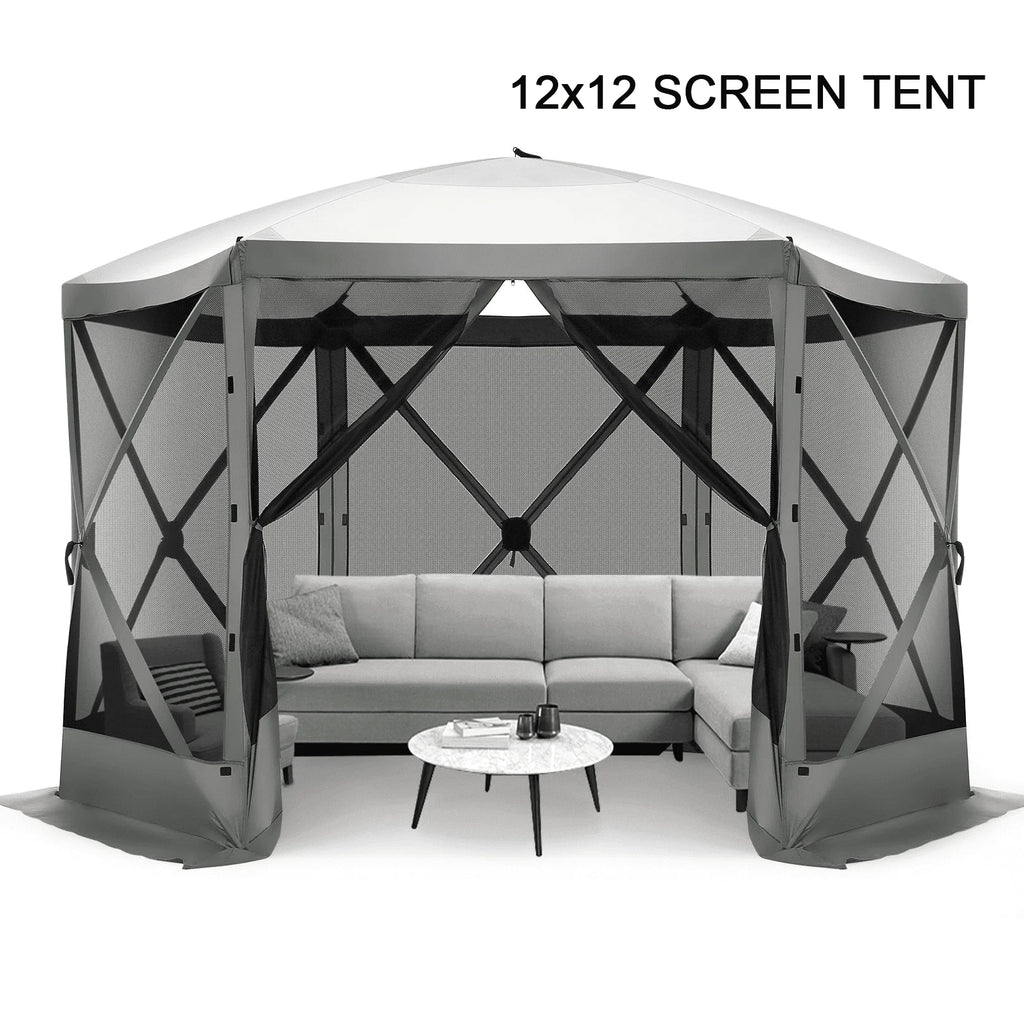 COBIZI 12'x12' Pop-up Gazebo Outdoor Camping Tent with 6 Sides Mosquito Netting, Waterproof, UV Resistant, Portable Screen House Room, Easy Set-up Party Tent with Carry bag, Ground Spike, Brown