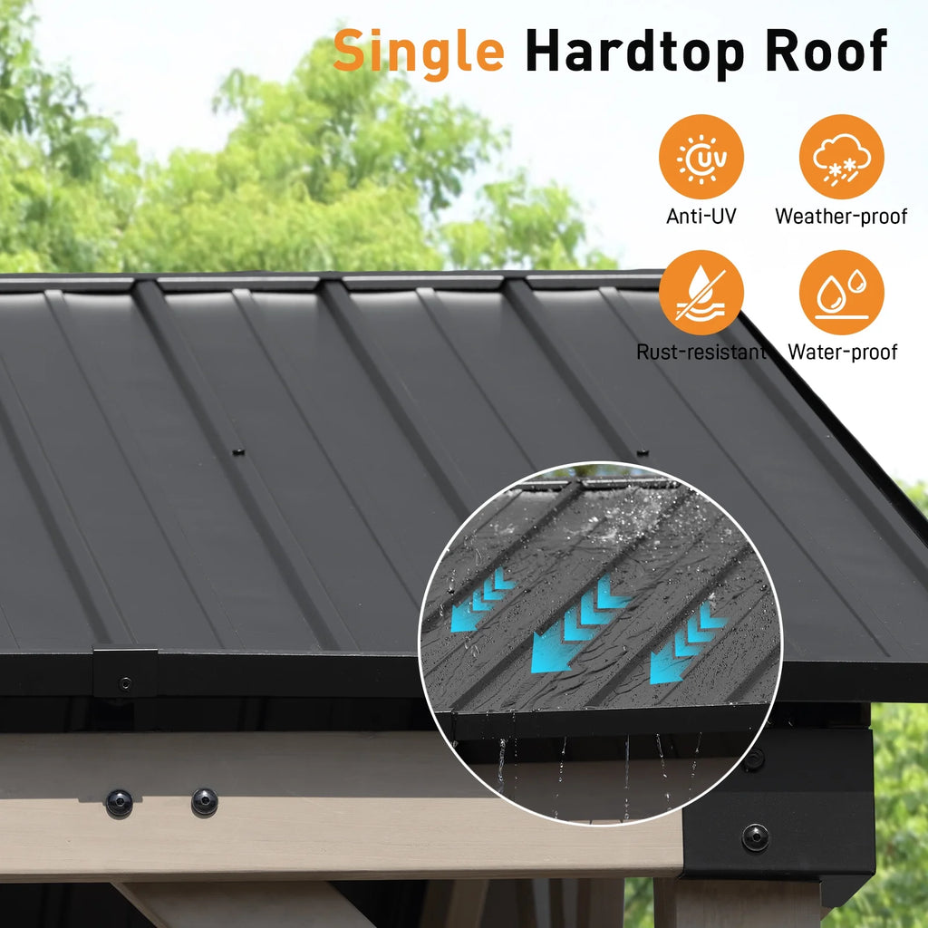 Aoodor 10 x 12 ft Wooden Frame Gazebo with 2-Tier Galvanized Metal Hardtop Roof, Outdoor Patio Gazebo with Charging Socket for Patio, Backyard, Deck, and Lawn