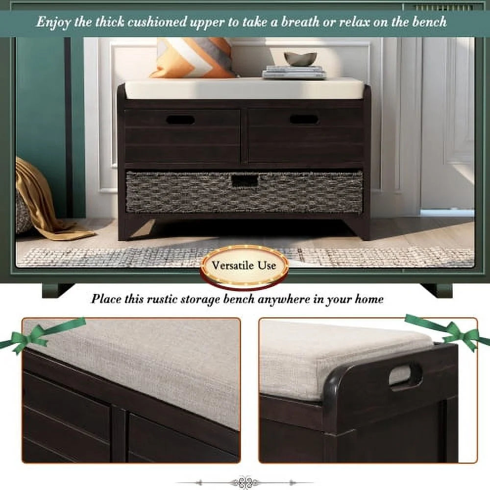 Solid Wood Storage Bench, Narrow Entryway Bench with 2 Drawers and Removable Basket, Classic Accent Shoe Bench with Storage and Removable Cushion for Hallway Living Room, Fully Assembled, Navy