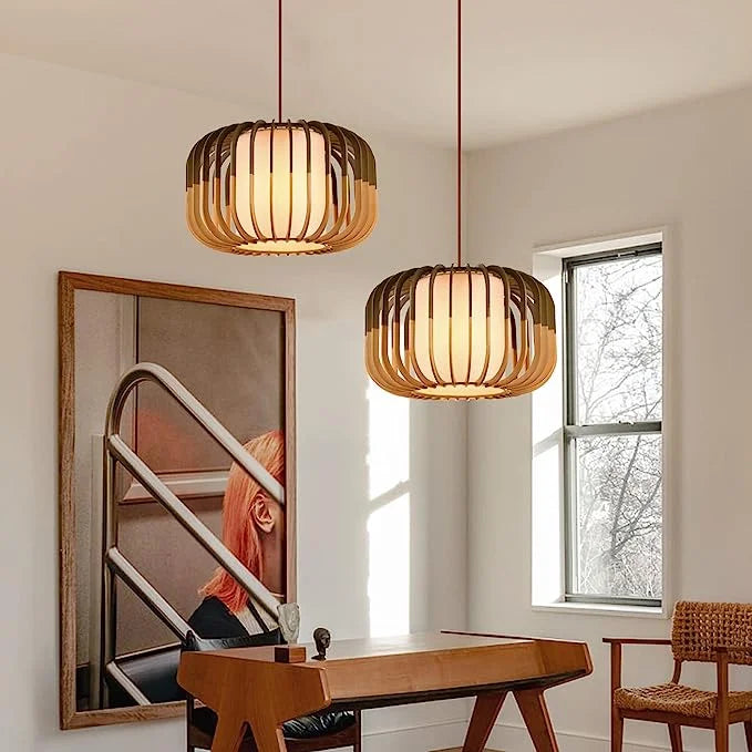Arturesthome Wood Pendant Lights, Wicker Drum Chandelier Boho Pendant Light Basket Lighting Fixture, Large Natural Woven Hanging Lamp for Kitchen Island Dining Room Entryway