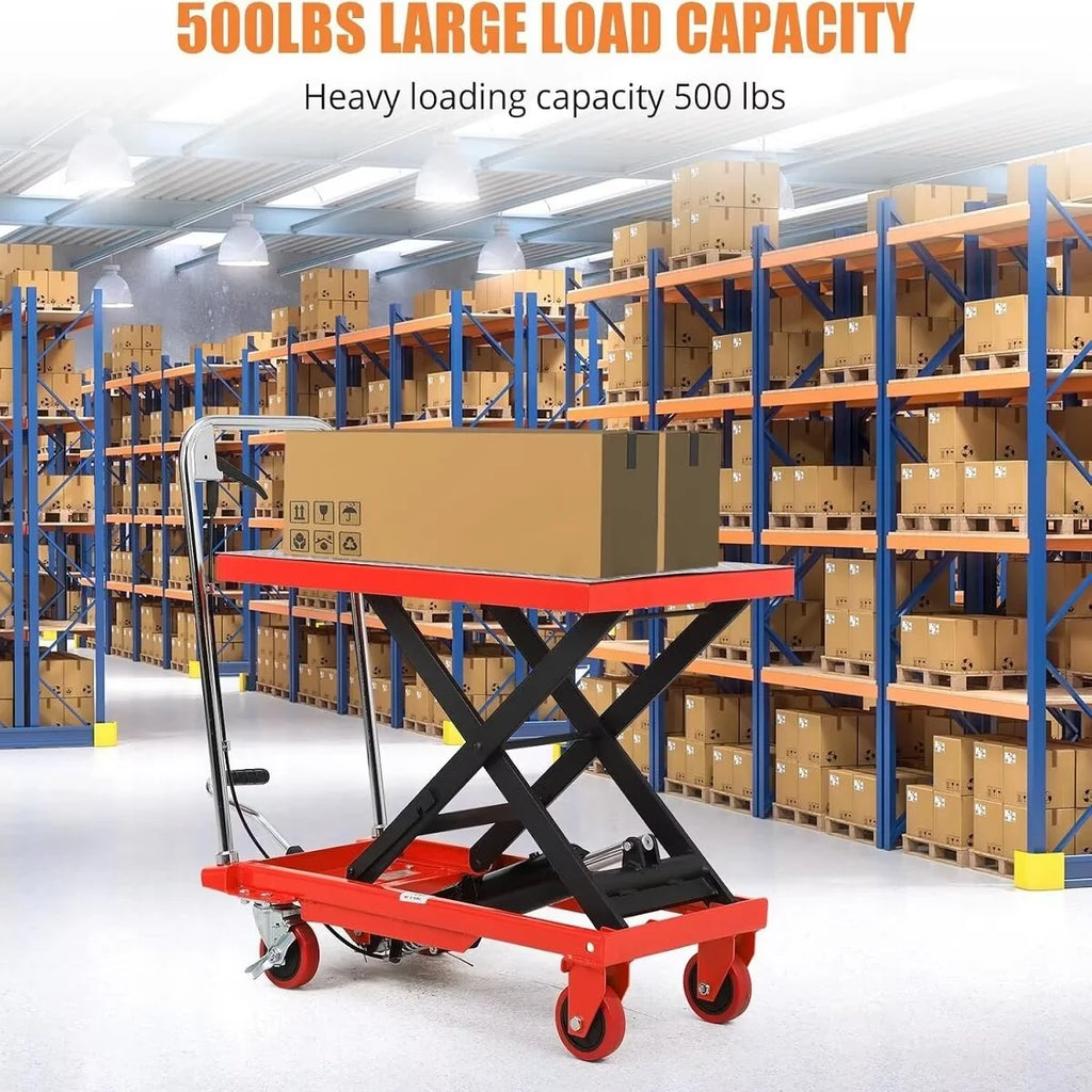 Hydraulic Lift Table Cart, 500lbs Capacity 59" Lifting Height, Single Scissor Lift Table Cart with 4 Wheels and Non-Slip Pad, Manual Elevating Cart for Material Handling Transportation
