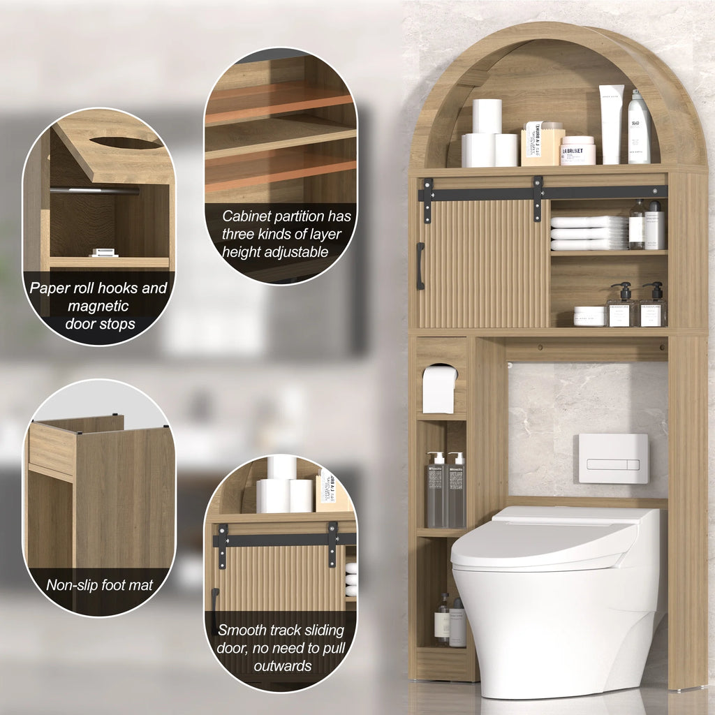 HARIPUL Over The Toilet Storage Cabinet w/ Unique Wood Grain & Arc Design, Freestanding Bathroom Shelf Organizer Space Saver w/ Doors & Anti-Tip Device, Wood Color
