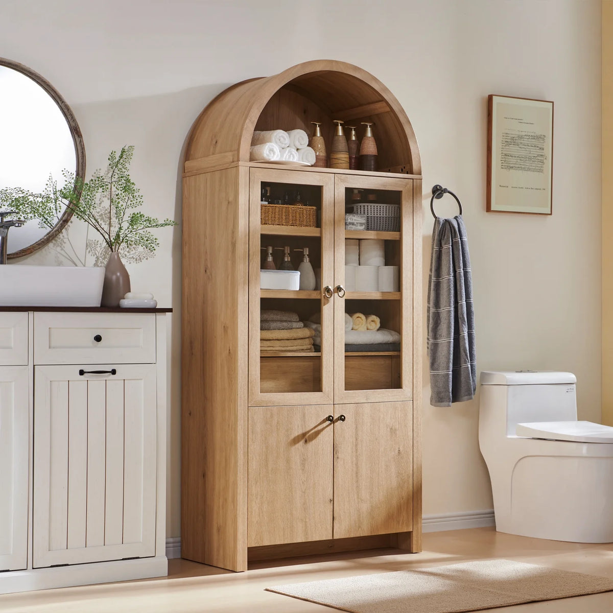 IFGET 71-Inch Arched 4-Tier Bookcase with Glass Doors and Drawers