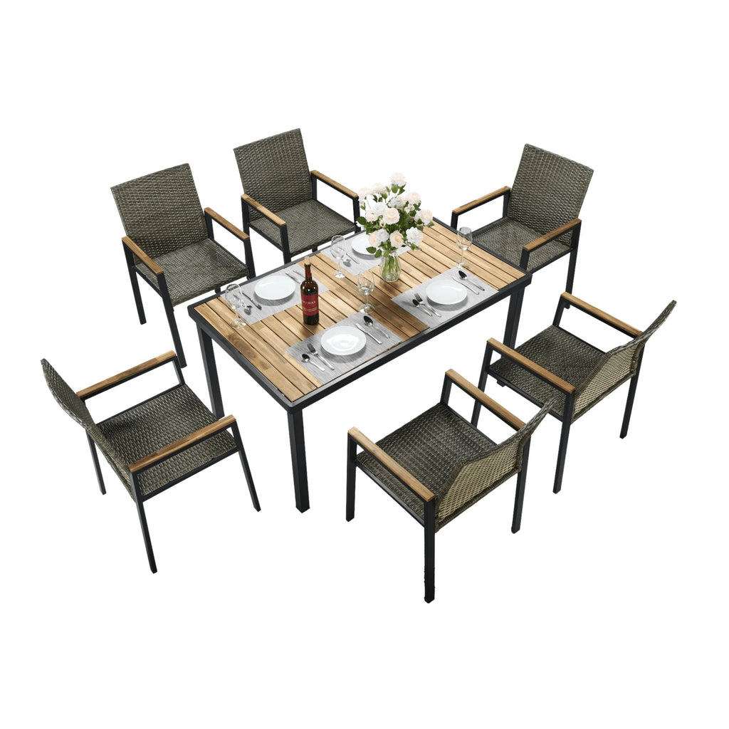 Seizeen 7-Piece Outdoor Table and Chairs, Patio Table Set with 6 Rattan Chairs, All-weather Outdoor Patio Dining Sets Rectangular Metal Table with Acacia Wood Top, Umbrella Hole, Gray