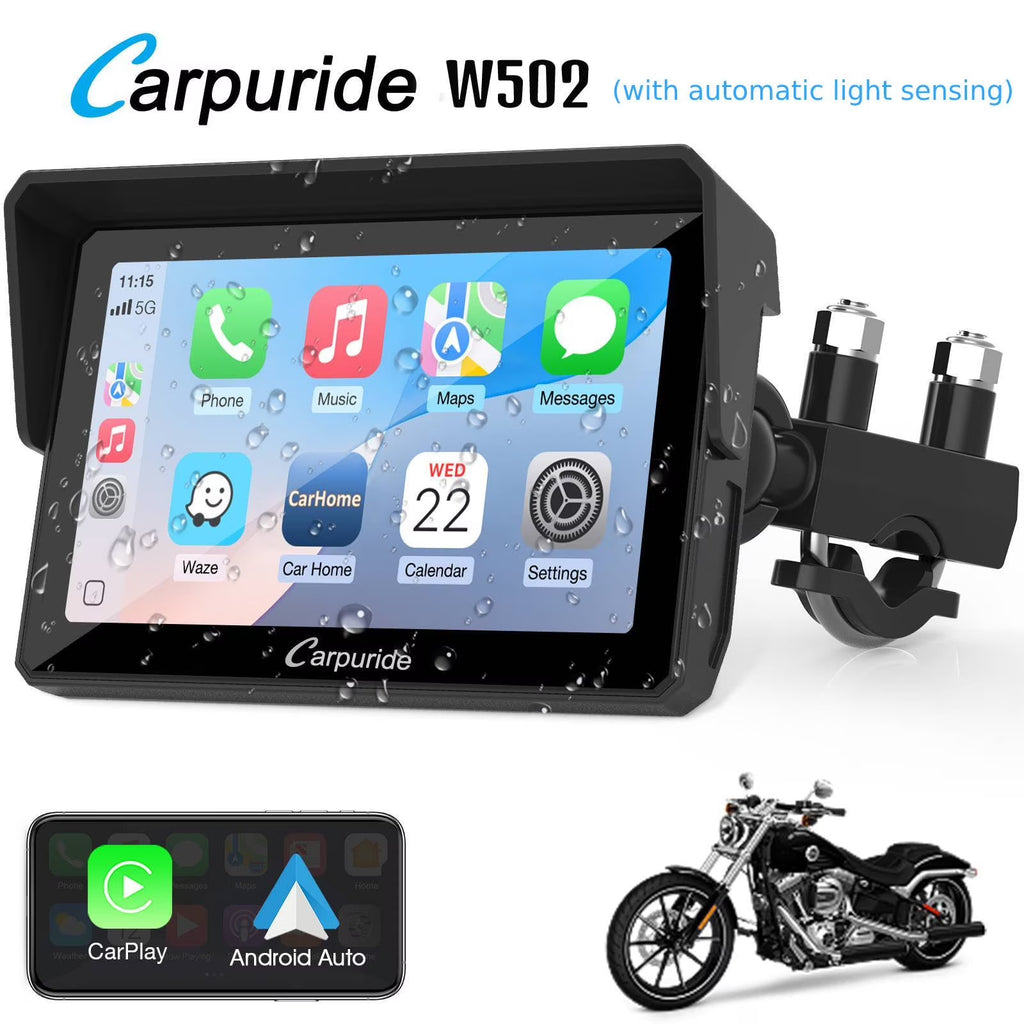 Carpuride W502 Wireless Carplay Screen Motorcycle Display Stereo Bluetooth Waterproof 5"Moto Radio