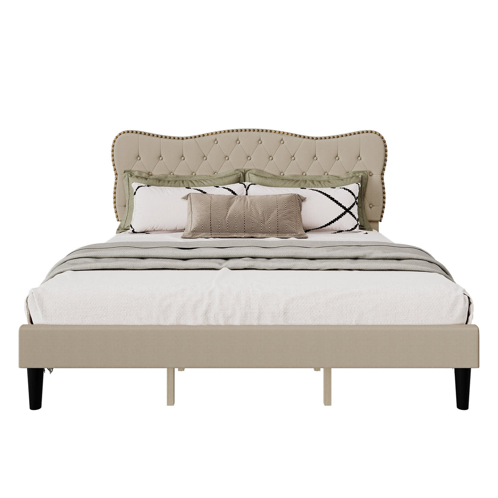 Homhougo King Size Bed Frame Upholstered Platform, Bed Frame with Square Velvet Headboard, Wooden Slats Support, Non-Slip and Noise-Free, No Box Spring Needed, Easy Assembly(Light Gray)
