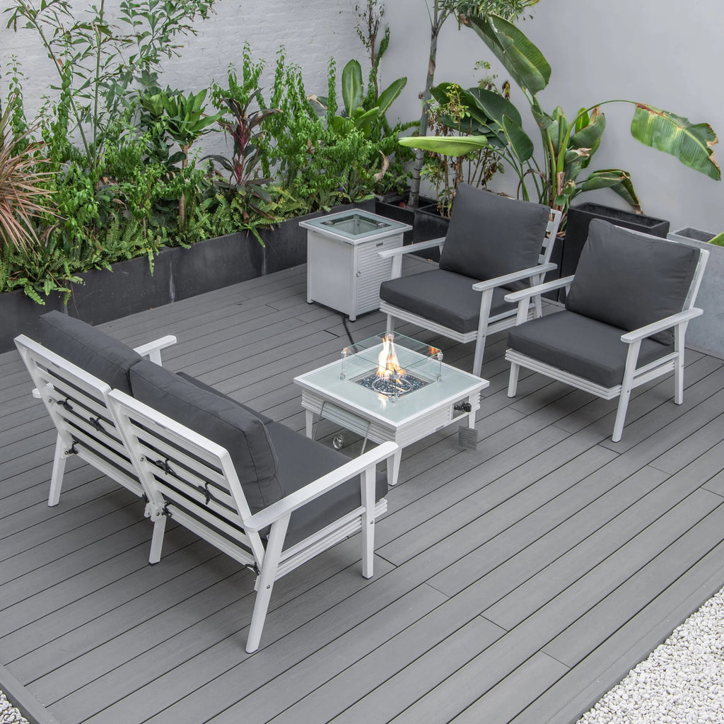 LeisureMod Walbrooke Modern Aluminum 5-Piece Patio Conversation Set with Outdoor Square Fire Pit Table with Slats Design & Side Table Tank Holder (Green)