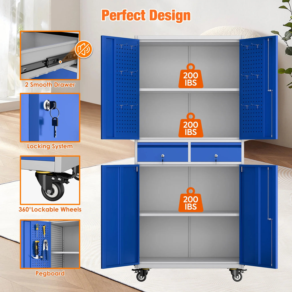 SUPEER 71" Metal Storage Cabinets with Wheels and Pegboards, Industrial Cabinet with 2 Drawers and 2 Adjustable Shelves,, Assembly Required