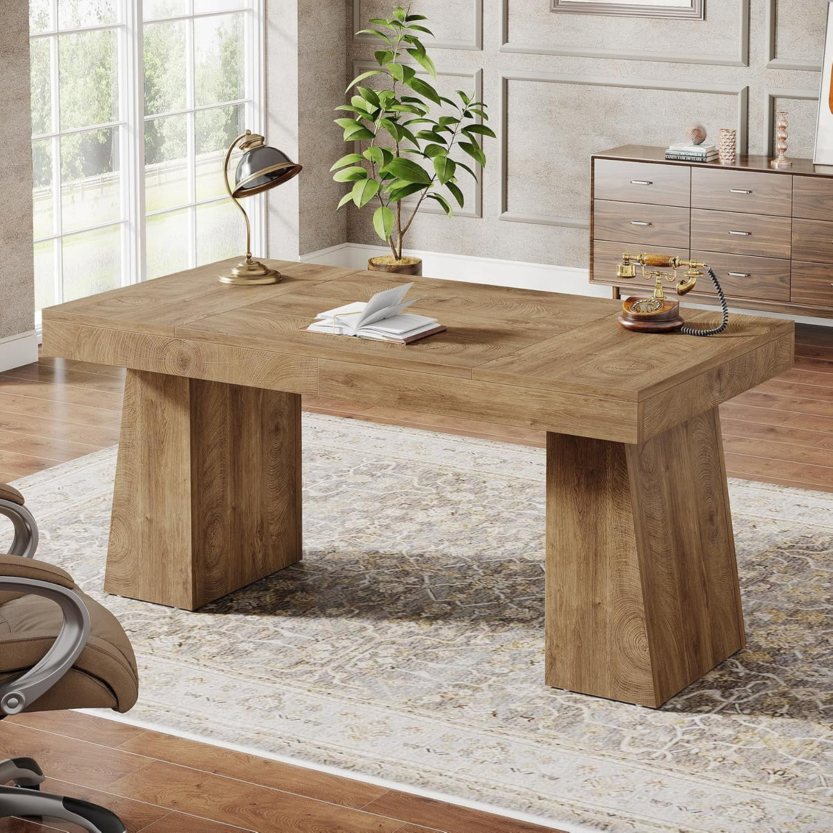 Tribesigns 55 Inches Executive Desk, Mid-Century Modern Home Office Desk with Double Trapezoid Base
