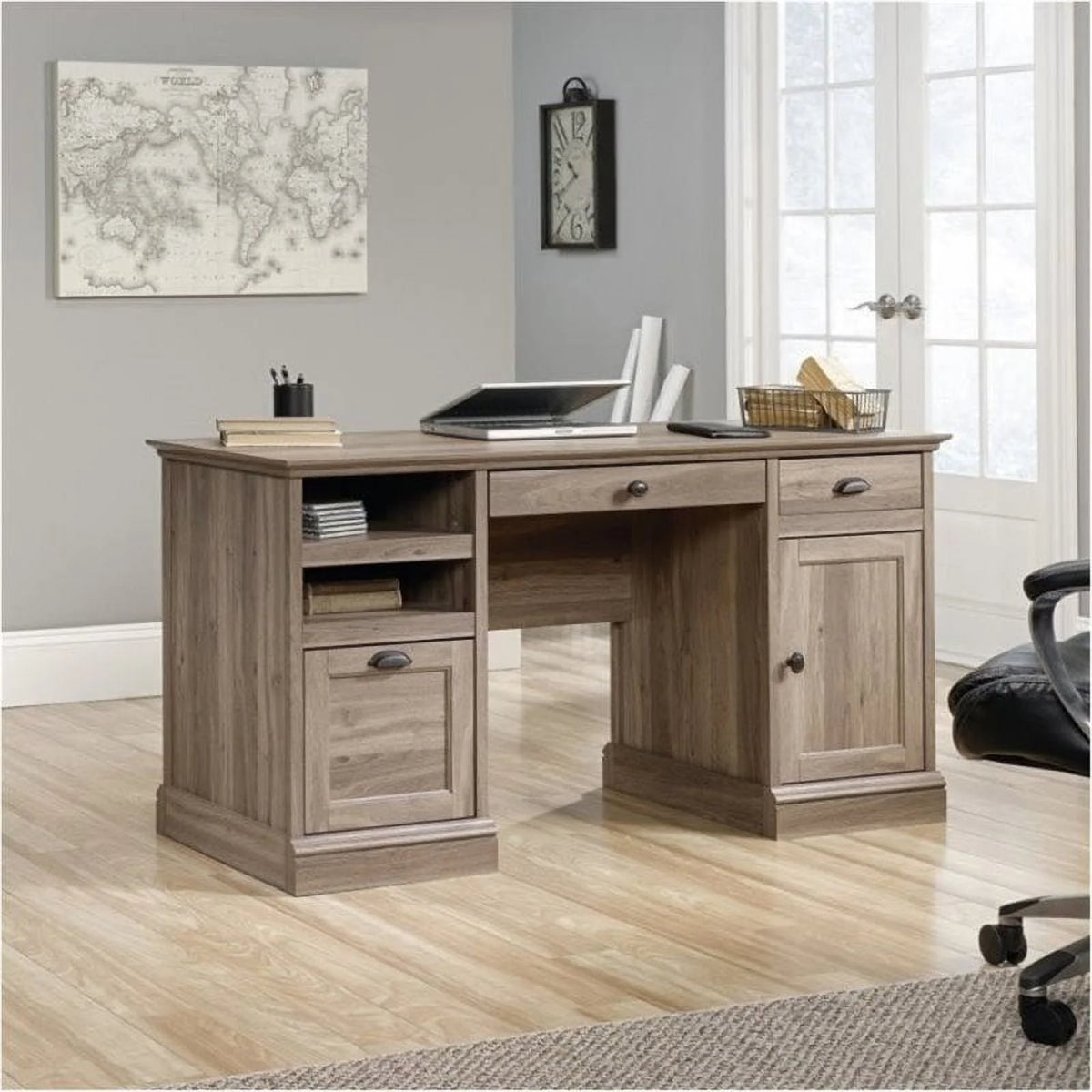 Bowery Hill Traditional Wood Executive Desk with File Drawer in Salt Oak
