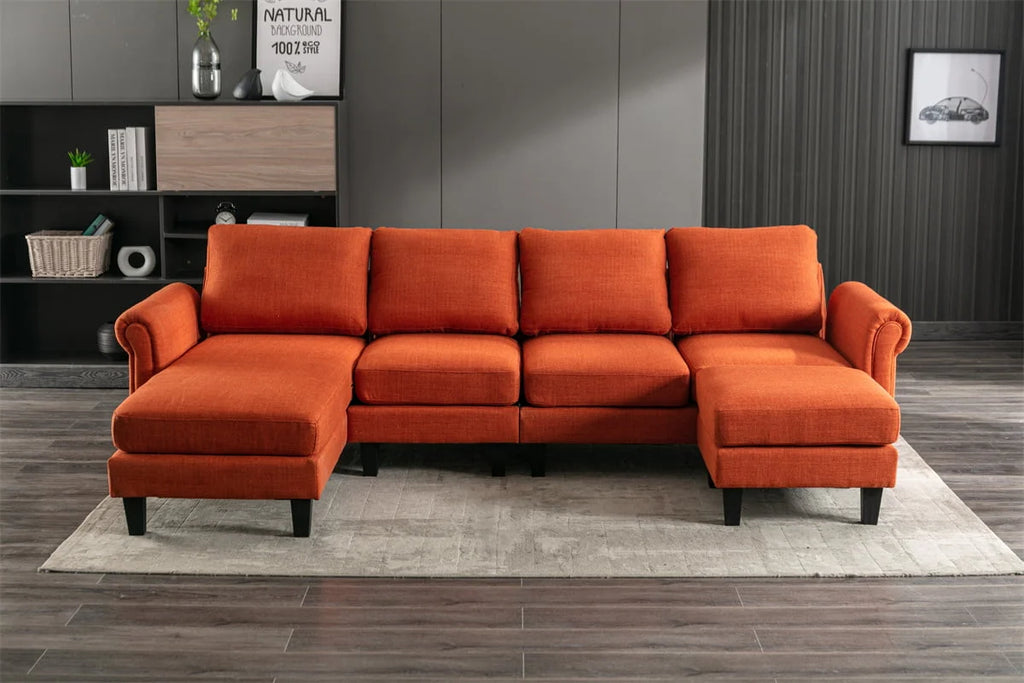 U-Shaped Sectional Sofa,Modular Sofa Set with Reversible Chaise and Ottoman,Living Room Sofa with Padded Cusions and Sturdy Legs,Multifunctional Sectional Sofa Couch for Living Room Office,Orange