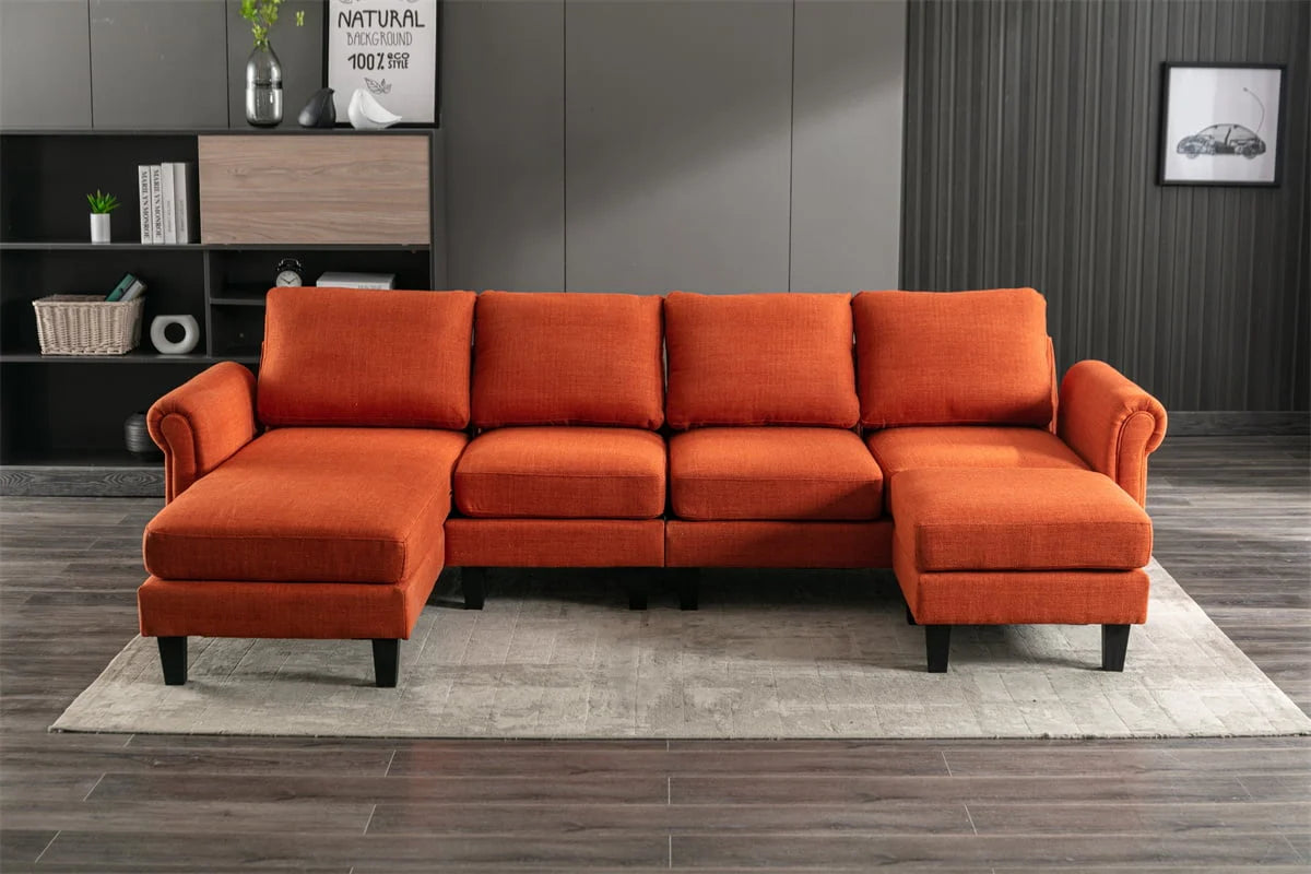 U-Shaped Sectional Sofa,Modular Sofa Set with Reversible Chaise and Ottoman,Living Room Sofa with Padded Cusions and Sturdy Legs,Multifunctional Sectional Sofa Couch for Living Room Office,Orange