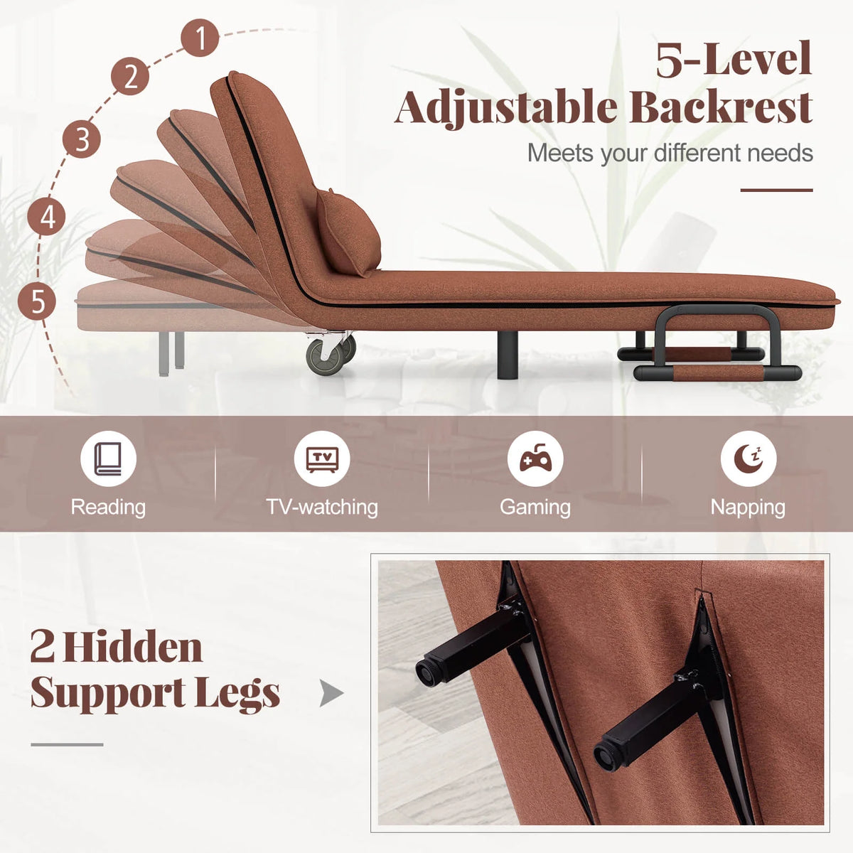 Costway 3-in-1 Convertible Sofa Bed with 5-Position Adjustable Backrest & Lumbar Pillow Brown