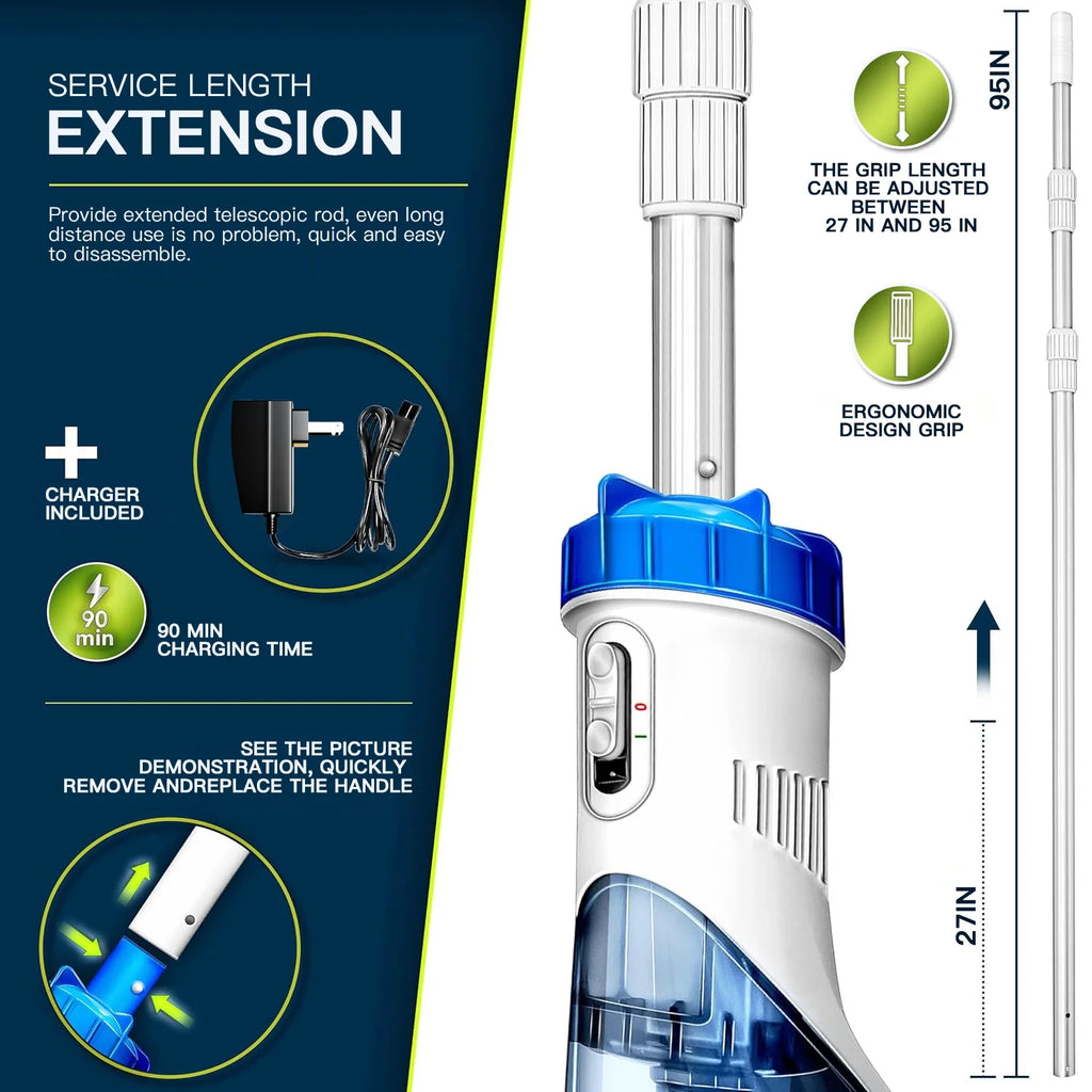 LANCHEZ Cordless Pool Vacuum with Strong Suction, Handheld Rechargeable Swimming Pool Cleaner with Powerful Suction up to 17.5 GPM for Inground and Above Ground Pools, Hot Tubs