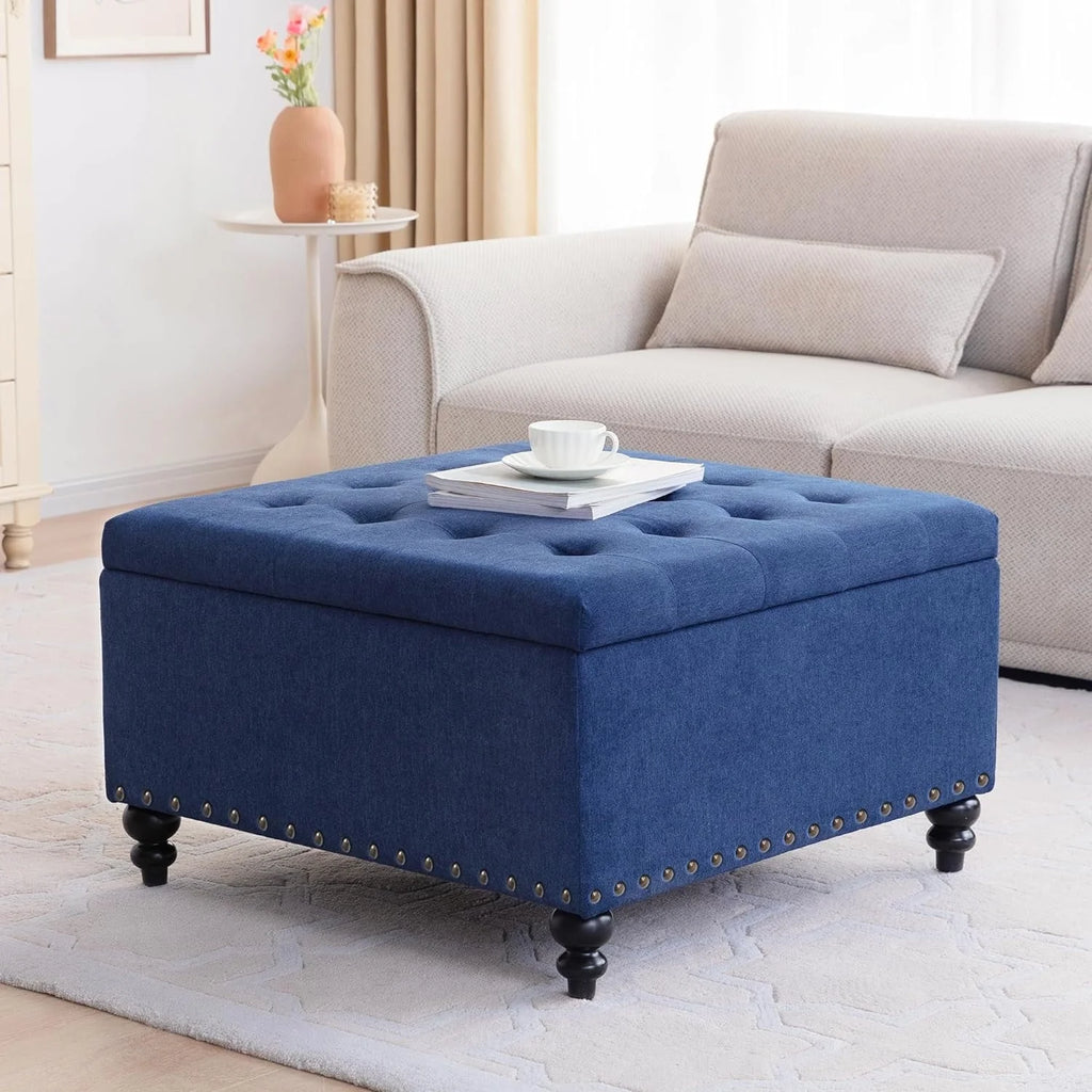 HUIMO Large Square Storage Ottoman Bench, 30-inch Wide Storage Bench Coffee Table with Tufted Oversized, for Living Room (Beige)