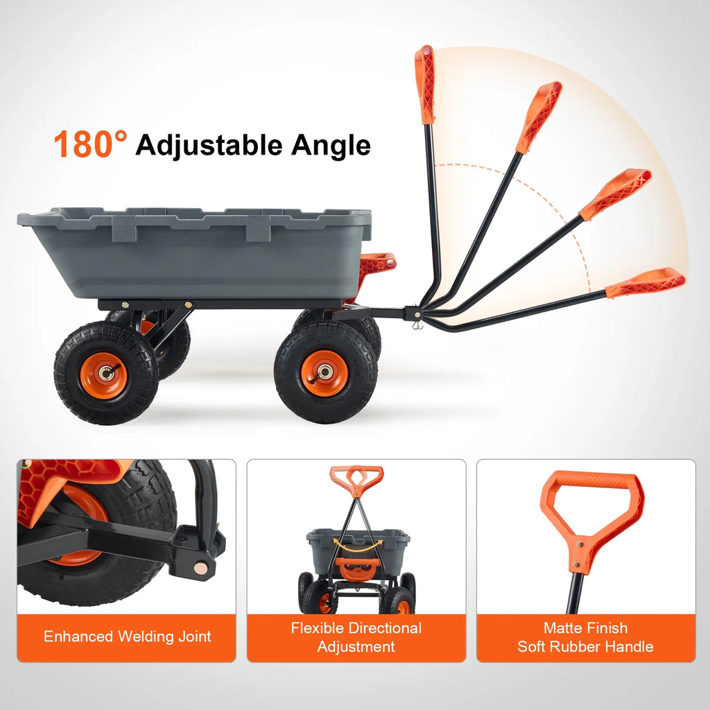 KFFKFF Garden Dump Cart, 35.8x19.5x8.2 in Dump Truck Cart, Max. 600lbs Load Capacity, 10in Rubber Tire, 180�� Adjustable Handle