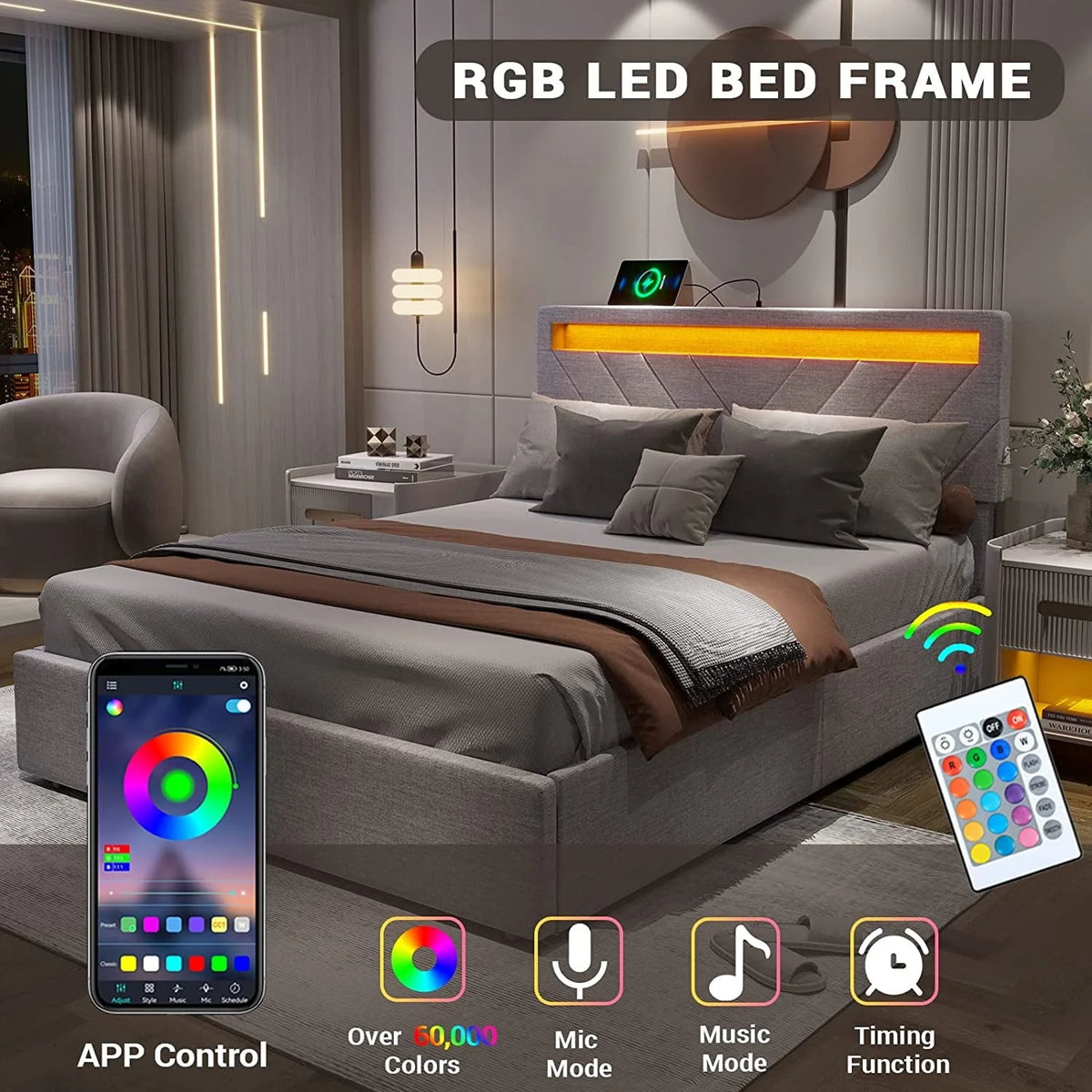 ADORNEVE Queen Size LED Bed Frame with Drawers, Upholstered Platform Bed with 2 USB Charging Station, No Box Spring Needed, Light Grey