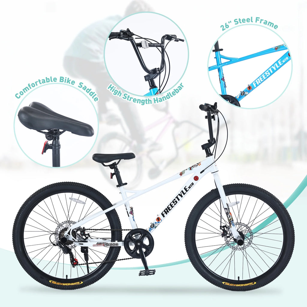 Aukfa 26" Freestyle BMX Bikes,Kids Mountain Bike for Boys Girls,Shimano 7 Speed,Double Disc Brakes,Blue