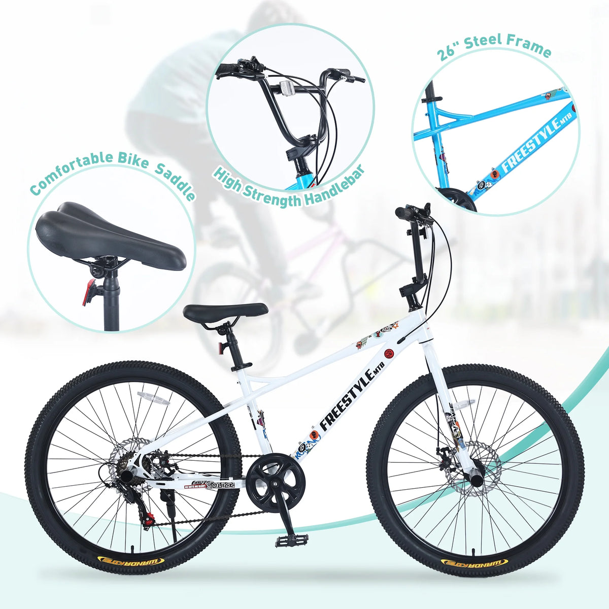 Aukfa 26" Freestyle BMX Bikes,Kids Mountain Bike for Boys Girls,Shimano 7 Speed,Double Disc Brakes,Blue