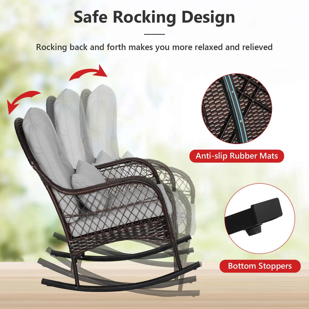 Costway Patio Wicker Rocking Chair W/Seat Back Cushions & Lumbar Pillow Porch Off White