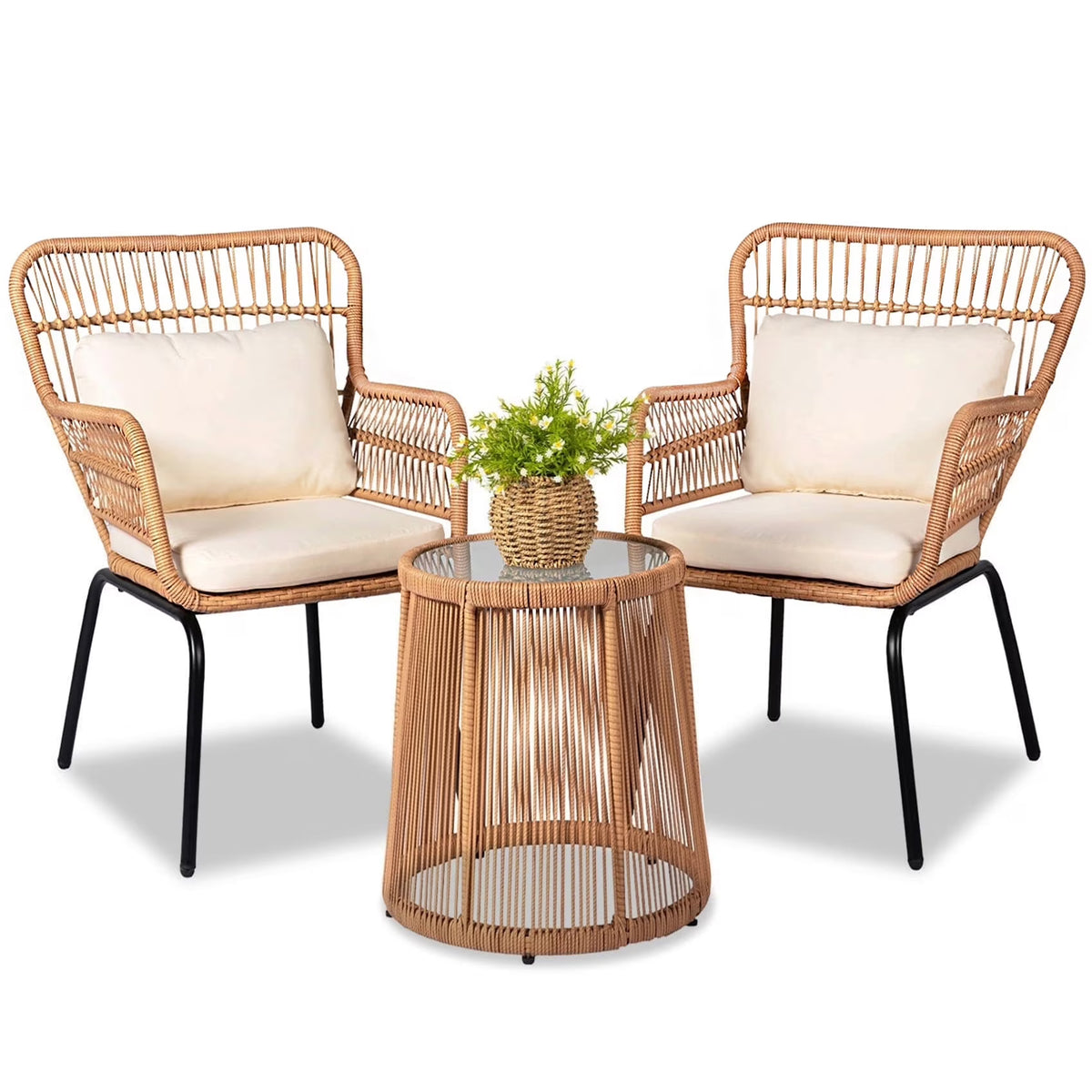 Tappio 3-Piece Patio Conversation Bistro Set Rattan Furniture, Outdoor Patio Set w/Glass Top Table & Cushions for Garden Balcony Backyard Poolside, Yellow/Beige