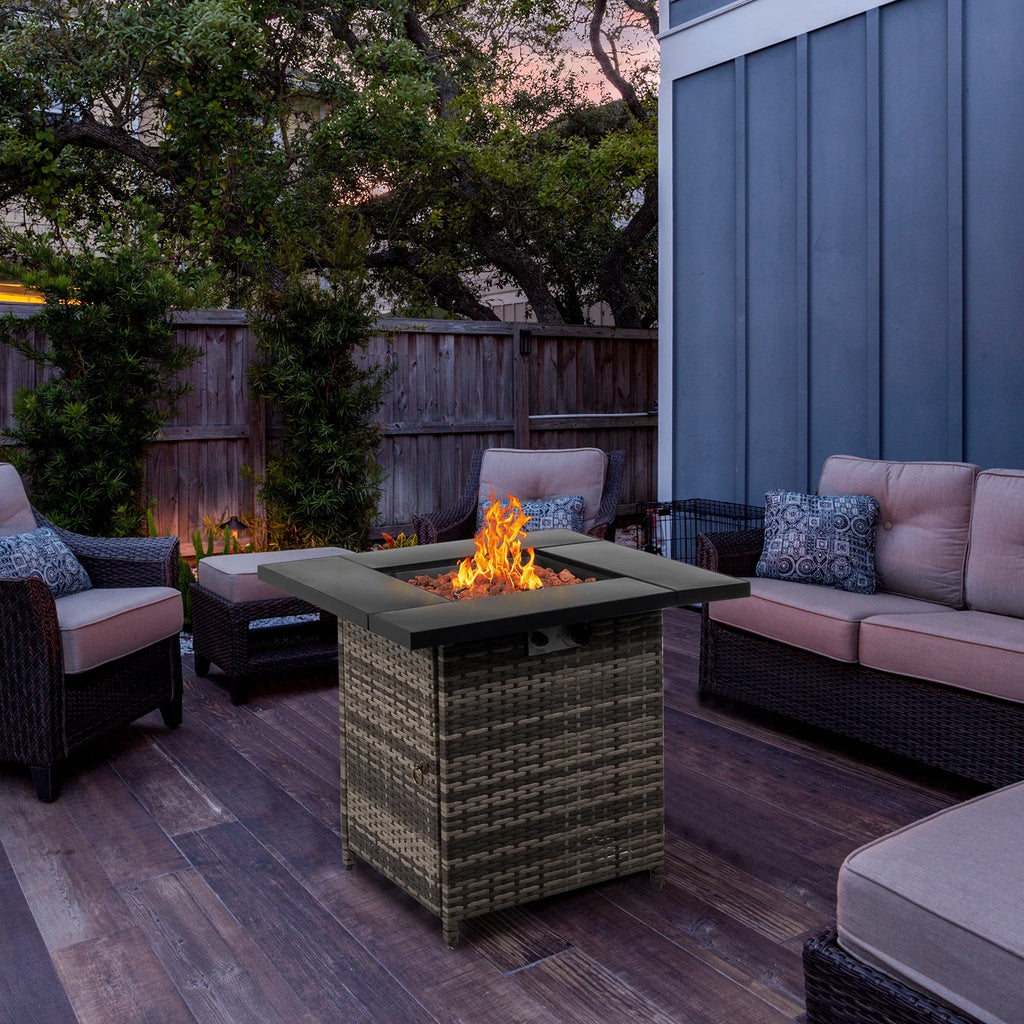 28" Fire Pit Table, Propane Fire Pit with Lid, Lava Rocks, 50000 BTU Outdoor Gas Fire Pit, Metal Square Propane Fire Pit for Outside Garden Backyard Deck Patio, Brown, LLL4008