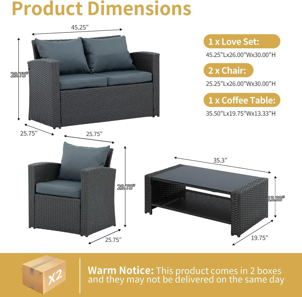 7 Piece Patio Furniture Sets Outdoor Sectional PE Rattan Outdoor Furniture Patio Conversation Set with Cushions and Glass Coffee Table, for Balcony Lawn and Garden, Gray