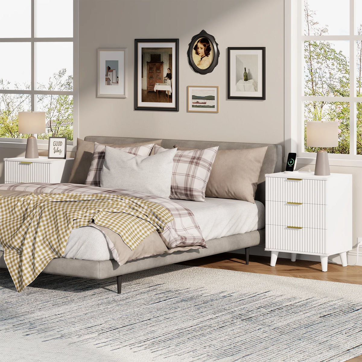 GIKPAL Night Stands for Bedroom, Modern Bedside Table with 3 Drawers & Charging Station,Fluted Panel End Tables for Bedroom  & Living Room, Natural
