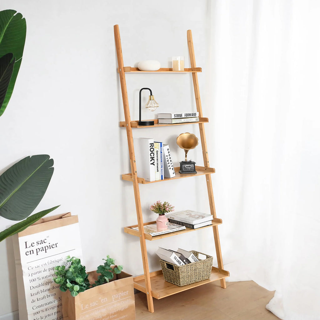 Costway 5-Tier Ladder Shelf Bamboo Bookshelf Wall-Leaning Storage Display Plant Stand