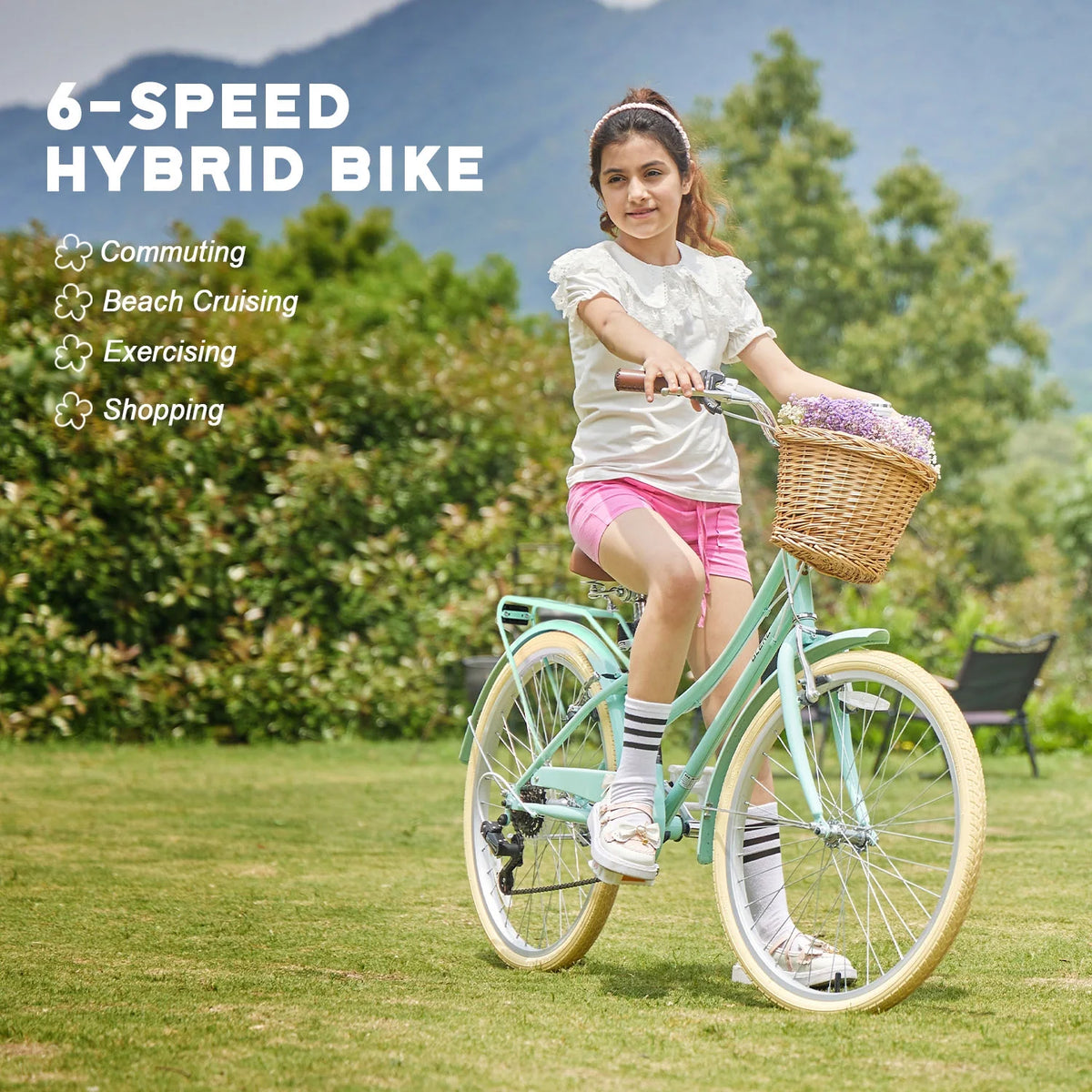 Glerc Missy 24" Girls Cruiser Bike 6-Speed Women's Hybird Bicycle for Ages 7-11 Years, Mint Green