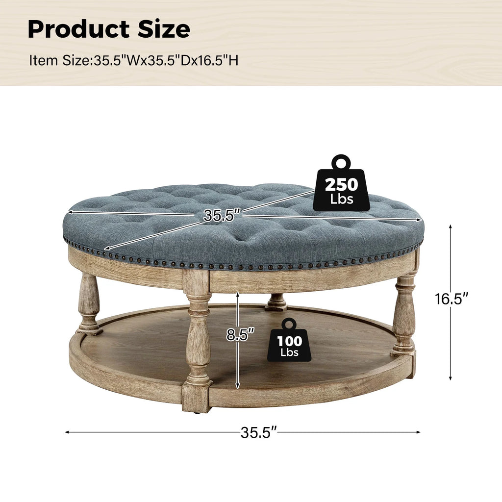 36'' Wide Blue Round Large Ottoman Tufted Coffee Table with Storage Wood Legs Home Living Room