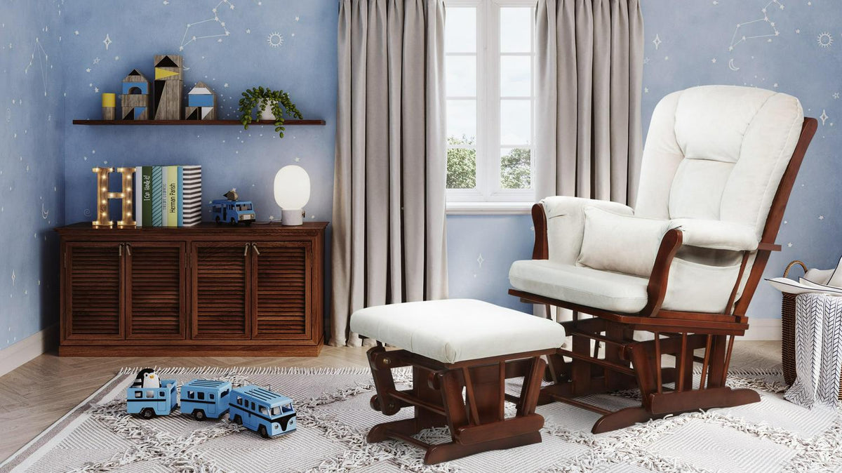 AFG Alice Glider and Ottoman with Pillow. Espresso Finish with Beige Cushions