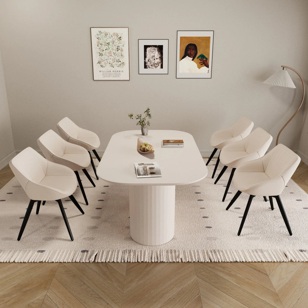 63" Oval Dining Table Set for 6, Wooden Dining Roon Table and 6 PU Swivel Armchairs, Modern Dining Set with High Backrest and Waterproof Tabletop for Living Room,  Beige+Brown