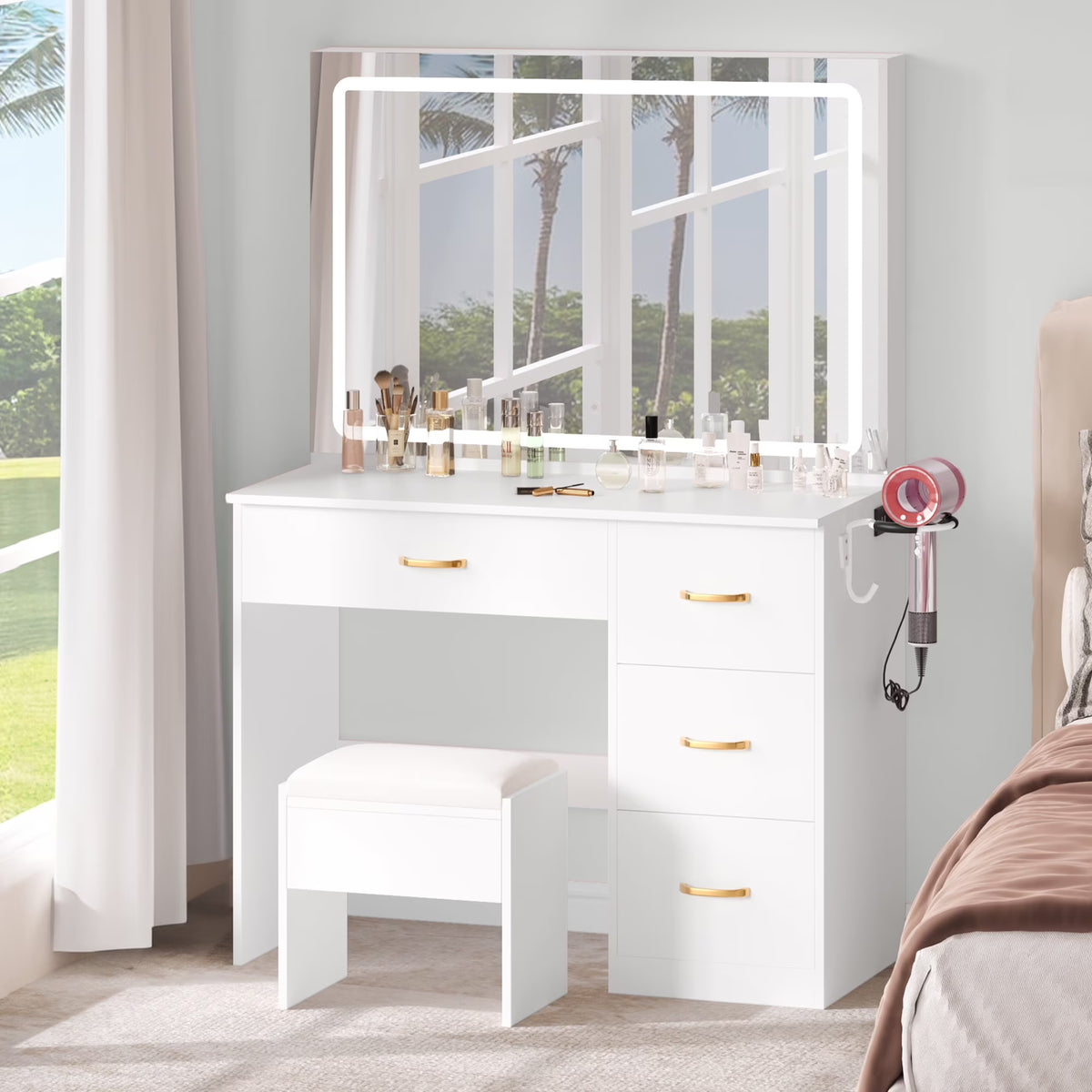 Dextrus Makeup Vanity Desk with Large Lighted Mirror and Storage - Enhance Your Beauty, Routine 4 Drawer Vanity Table with Cushioned Stool, Milky-White