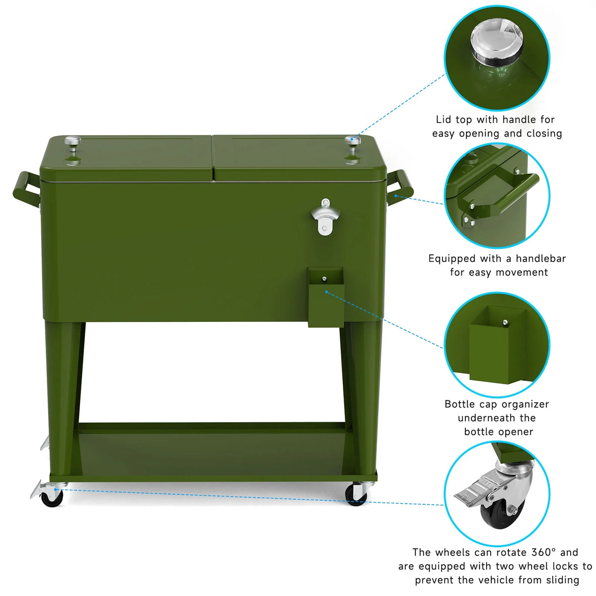 FreeLung 80QT Rolling Cooler Cart with Wheels Ice Chest Outdoor Backyard Coolers on Wheels Silver